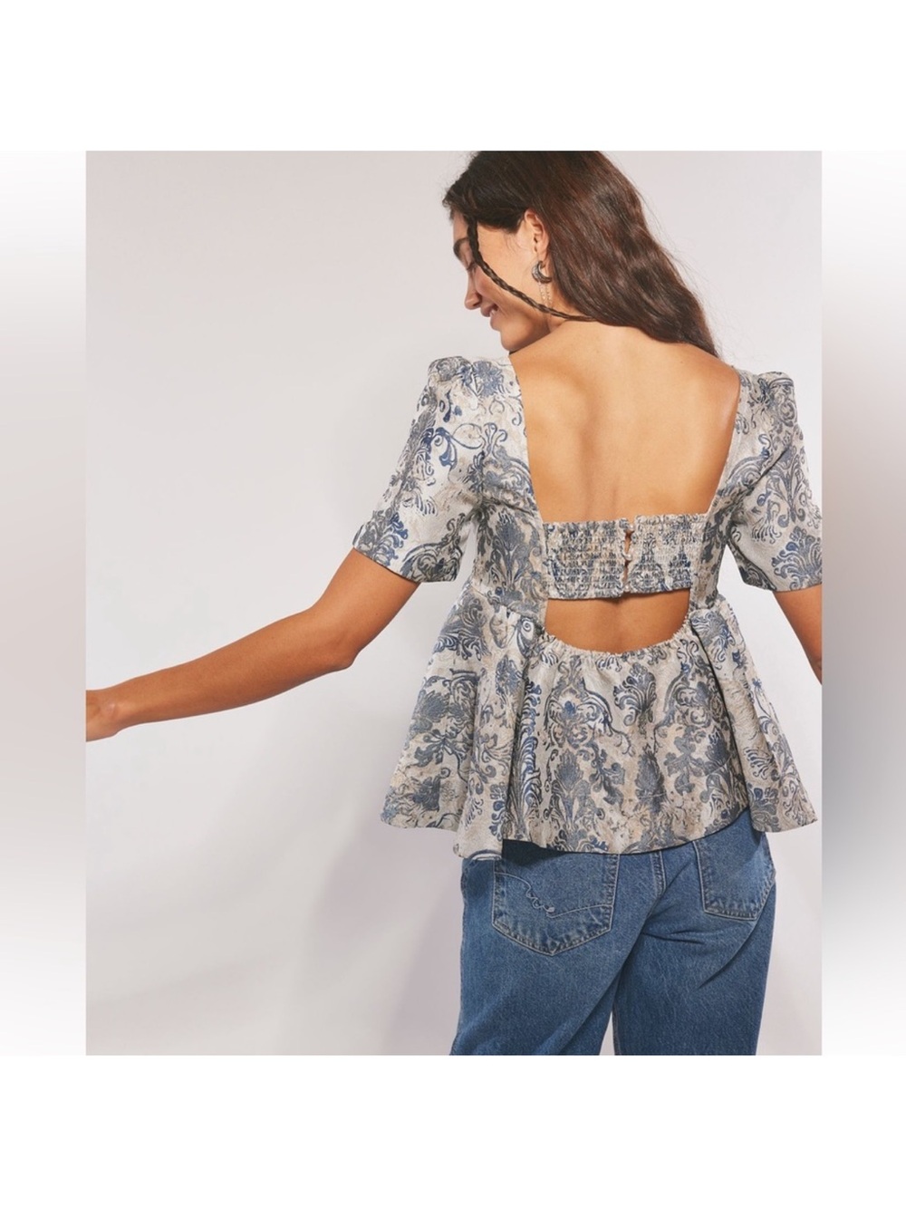 NWT Free People Eloise Blue Floral Peplum Puff Sleeve Boho Top (Size XS) - Picture 2 of 10